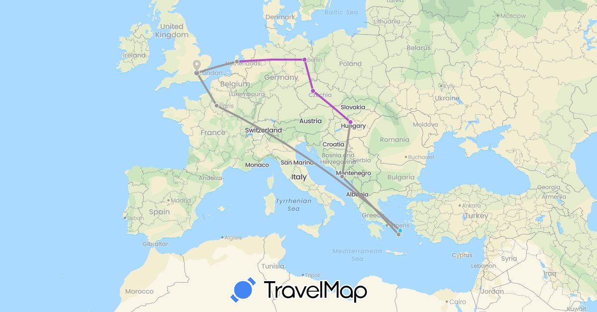 TravelMap itinerary: driving, plane, train, boat in Czech Republic, Germany, France, United Kingdom, Greece, Croatia, Hungary, Netherlands (Europe)